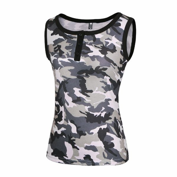 

camouflage botton neck v o t shirt women summer female t-shirts bright camo casual sleeveless vest style print, White