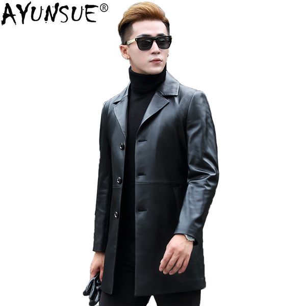 

ayunsue 2018 осень натуральная кожа куртка мужская дубленка корейский кожаный пиджак для мужчин длинный chaqueta cuero hombre kj1260, Black