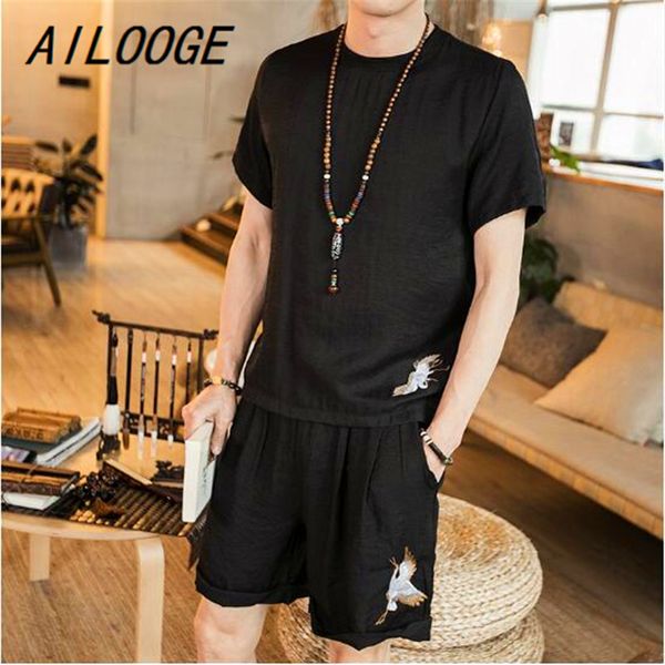 

ailooge 2018 chinese style embroidery retro short shirt men's sets loose shorts cotton linen shirt male fashion o-neck tees, Gray