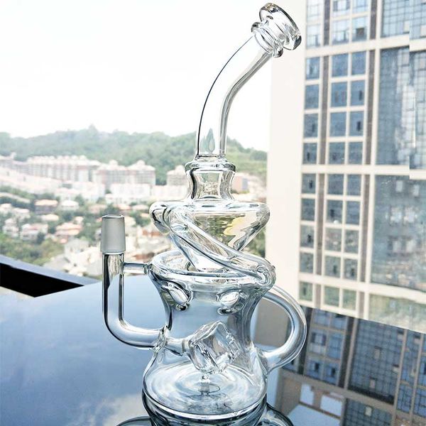 Стеклянные бонги нового дизайна Half Fab Egg Shape Dab Oil Rigs 14,5 мм Мужской шарнир Recycler Cube Perc Фиолетовые водопроводные трубы с Banger