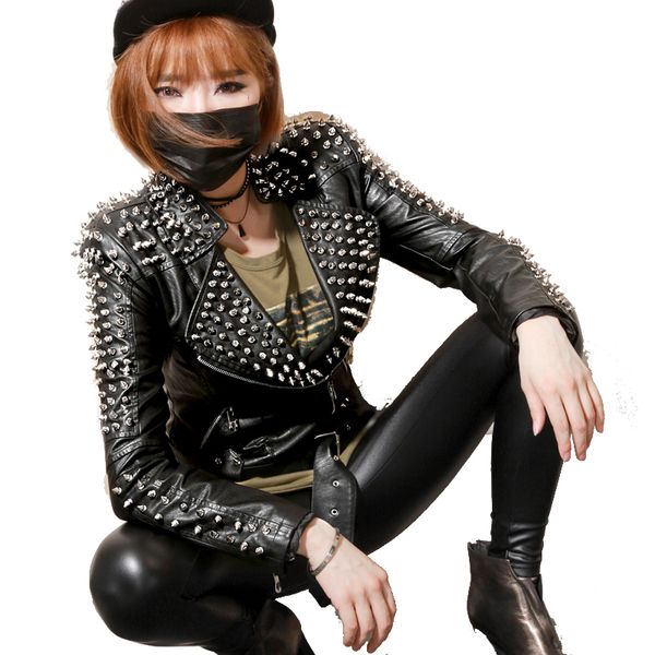 

bringbring 2016 autumn winter fashion thick leather jacket women with rivet punk style short slim pu jacket locomotive coat 1746, Black