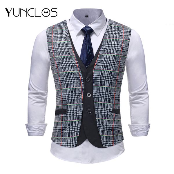 

yunclos eu size faker 2 pieces mens suit vests plaid printed slim fit men waistcoat party wedding coletes chaleco hombre, Black;white