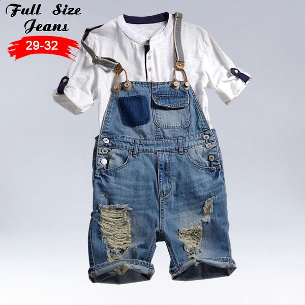 Kinsaga Men Summer Plus Size Light Blue Vintage Ripped Denim Bib Overalls 4XL 5XL Male Short Knee Length Bermuda Jeans Jumpsuit