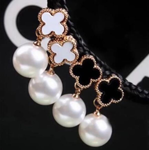

Женщины Девушка Жемчуг Мотаться Четыре Листа Клевера Серьги Черный Белый Эмаль У