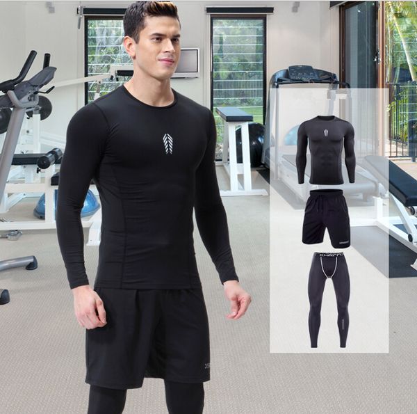 

sports suit autumn men's tight quick-drying clothes yoga training workout clothes long-sleeved running clothing, White;black