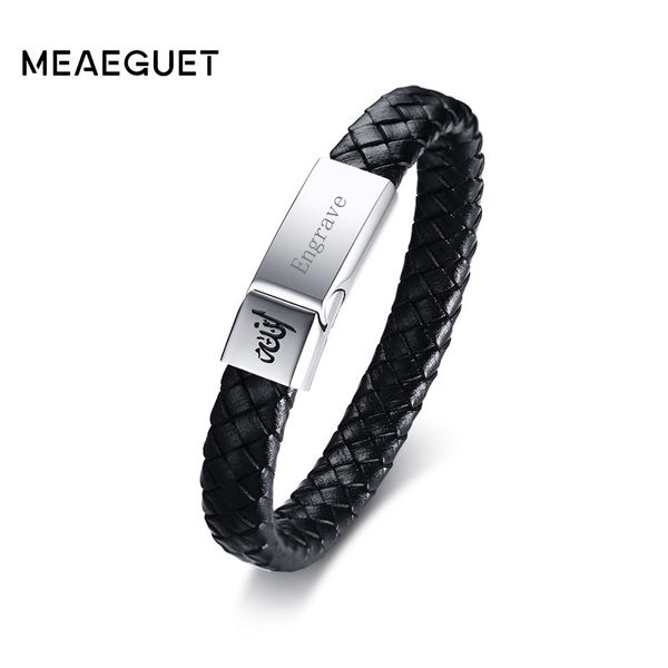 

meaeguet handmade braided genuine leather bracelet men stainless steel magnet buckle engrave id bracelet & bangle jewelry, Golden;silver