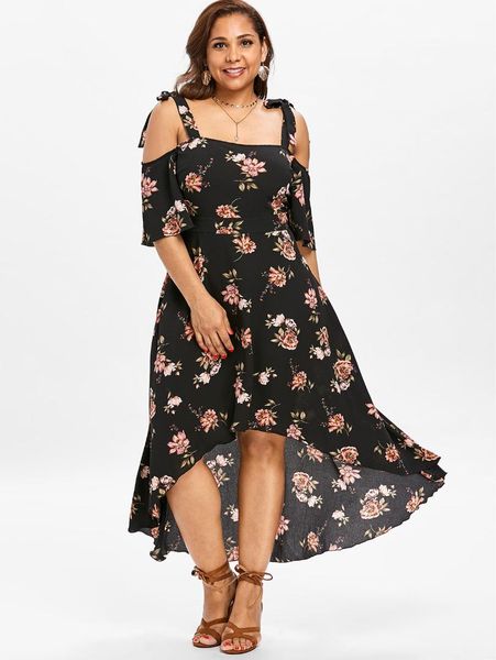 

3xl plus size open shoulder print flowy dress half sleeves dip hem asymmetrical summer dress 2018 new, Black;gray