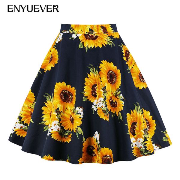 

enyuever plus size pleated skirts summer women sunflower floral print rockabilly retro jupe vintage party high waist midi skirt, Black