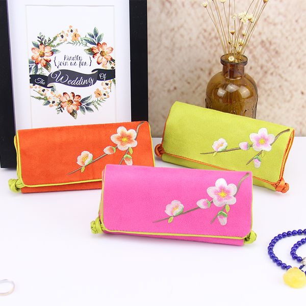 

portable suede leather jewelry roll up travel bag folding embroidered flower chinese jewelry bags pouch 10pcs/lot, Pink;blue