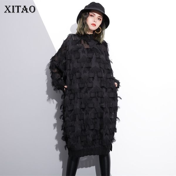 

xitao] 2018 autumn fashion new women stand collar full sleeve loose dress female solid color tassel knee-length dress ljt4353, White;black