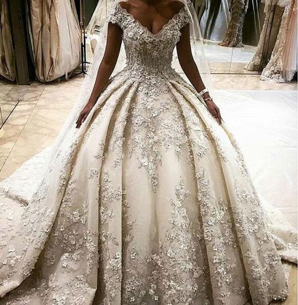 

luxury ball gown wedding dresses dubai lace v-neck 3d applique crystal beaded bridal middle east style, White