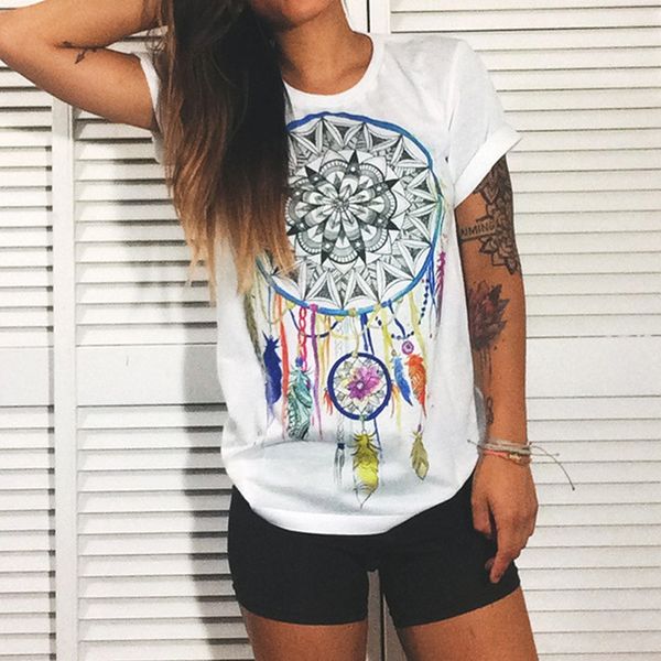 

s-2xl fashion vogue casual summer women dreamcatcher printed cotton blend short sleeve t-shirt white