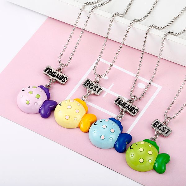 

friends necklace cute fat fish pendant on bead chain necklace set of 2 bff necklaces for kids jewelry, Silver