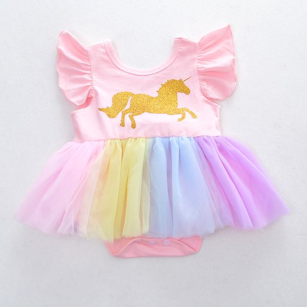 Baby girls Printed romper cartoon Rainbow horse Dress Children lace TuTu Fly sleeve Jumpsuits Kids Clothing C3731