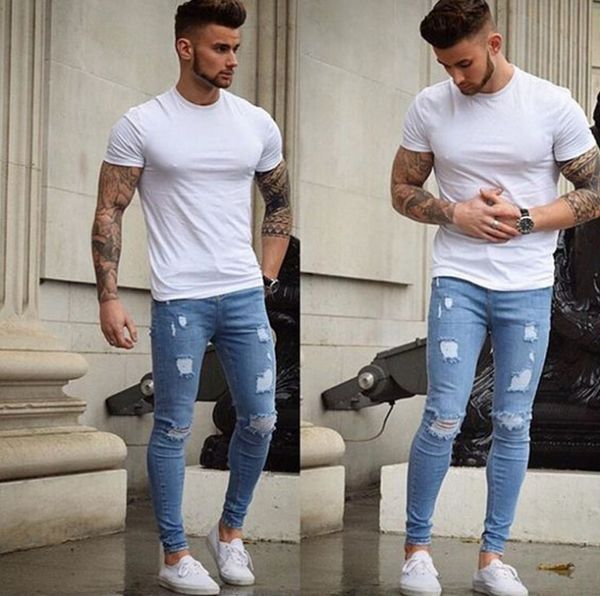 

skinny jeans for men ripped holes jeans motorcycle biker denim pants men fashion hip hop mens jeans, Blue