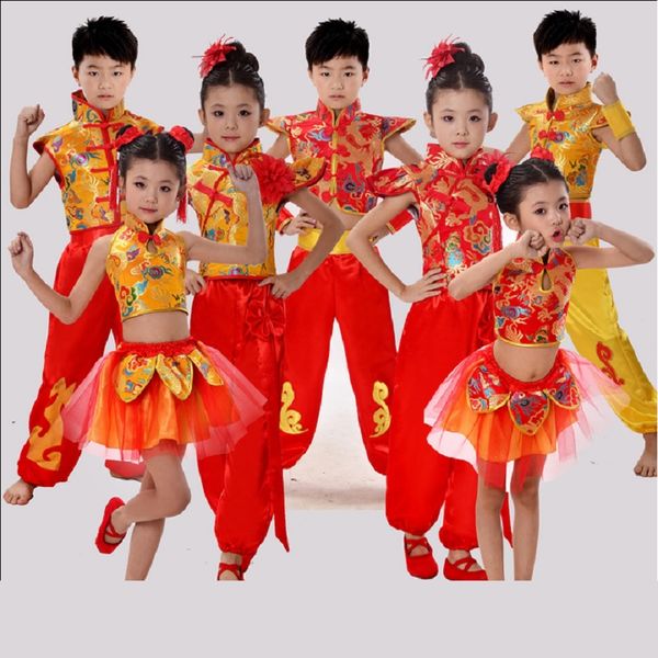 

chinese traditional dance costume children dragon kids folk dance costumes modern hanfu for girls lion national for boys, Black;red