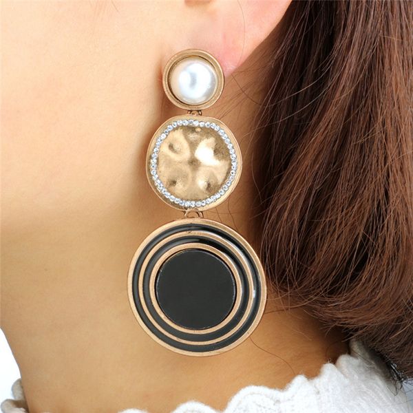 

1 pair black metal pearl earrings pendant long alloy earrings big statement for women female fashion jewelry, Silver