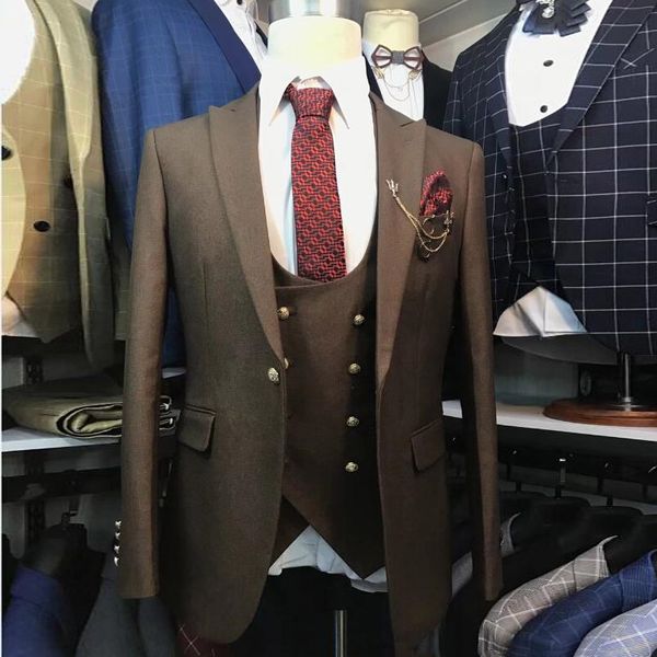 

brown men suits custom made wedding suits for groom tuxedos double breasted vest groomsmen blazer bridegroom wear 3 piece peaked lapel, Black;gray