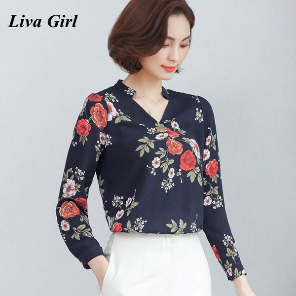 

women printed chiffon blouse 2018 fashion v-neck summer blouses long sleeve office floral shirts women blouses plus size, White