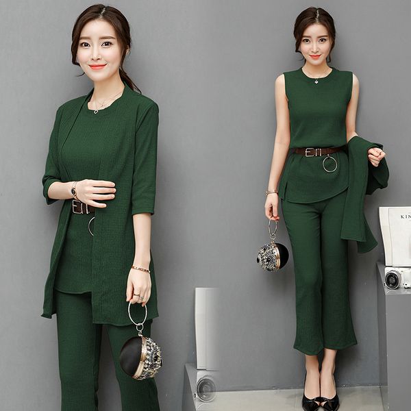 

set female 2018 spring and autumn new casual bottoming shirt + fashion long coat + elegant temperament nine pants slim two-piece, White