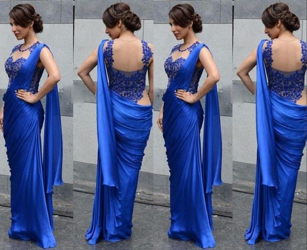 Applique Saree Dress Abiti da sera O Collo senza maniche Sirena Piano Lunghezza Sheer Backless Vestidos De Novia Pieghe Abiti da sera in chiffon