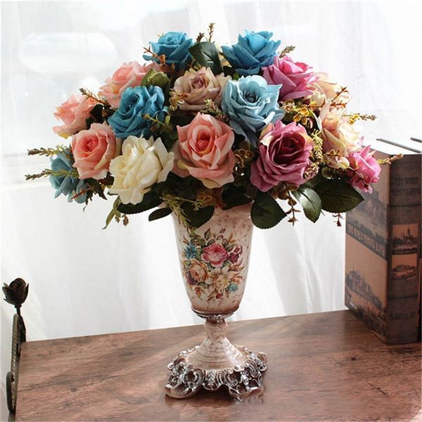 

1 bouquet 9 heads silk cloth rose flower bouquet bush with leaf artificial wedding decor romantic hand made rosy branch bush table decor