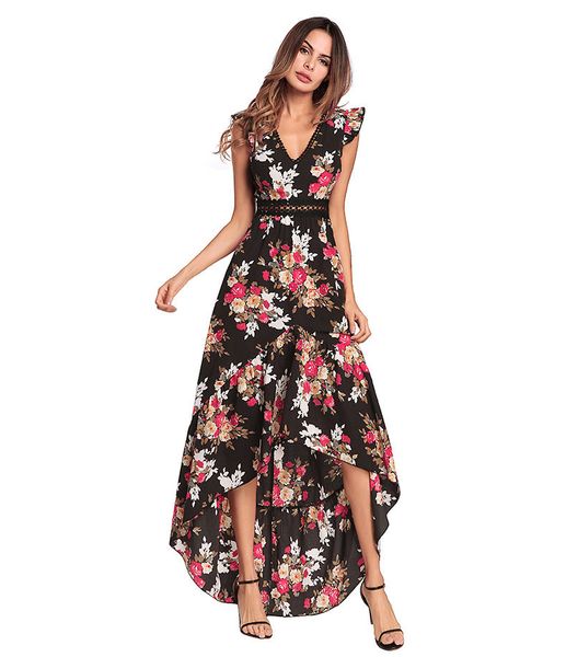 

women long boho dress summer floral v-neck backless hollow out bohemian dresses a-line front short back long irregular, Black;gray