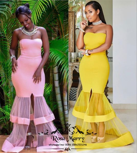 Acheter Sexy Africaine Mermaid Robes De Soirée Jaune 2020 Plus La Taille Illusion Tulle Jupe Noir Filles Arabe Filles Formelle Soirée De Bal Robes De