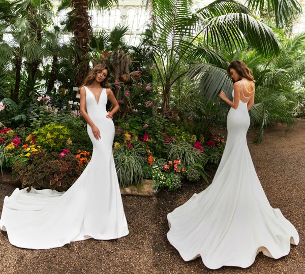 

fashion satin mermaid wedding dresses rhinestone back sweep train beach bridal dress deep v neck plus size wedding gowns simple, White