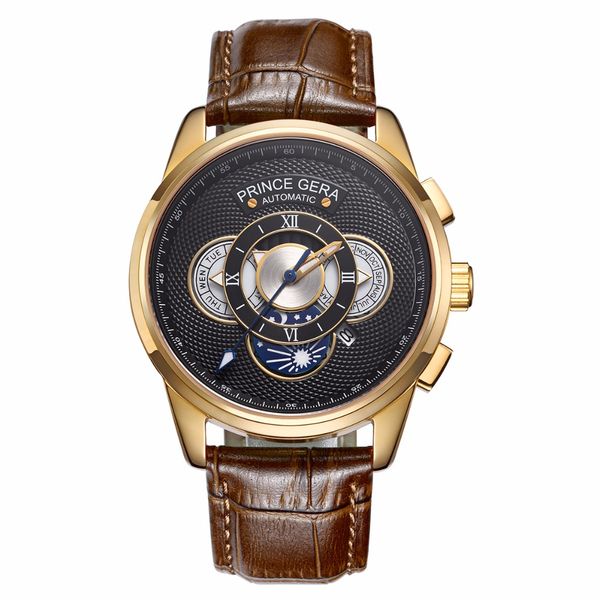 

prince gera gold men's waterproof mechanical automatic casual wrist watches leather straps calendar moon phase watch for men, Slivery;brown
