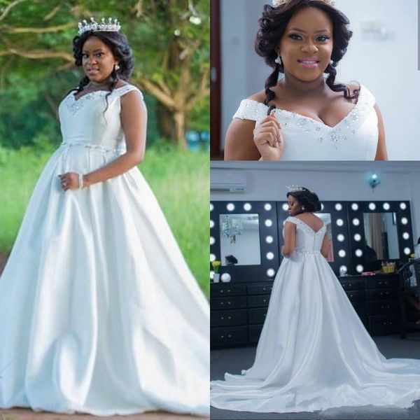 

plus size african wedding dresses with neck beaded simple satin a line long sweep train bridal gowns custom made wedding dress, White