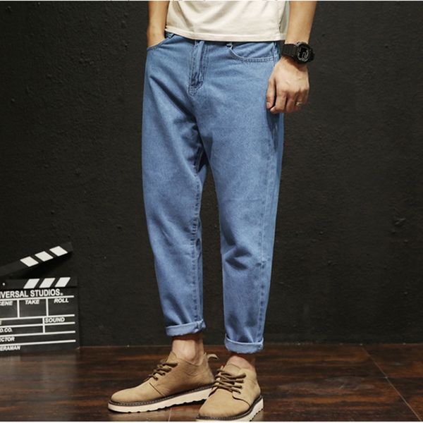 

mens loose pants jeans fashion ankle length cotton hole harem pencil pant for teenage mid waist casual blue denim straight jeans