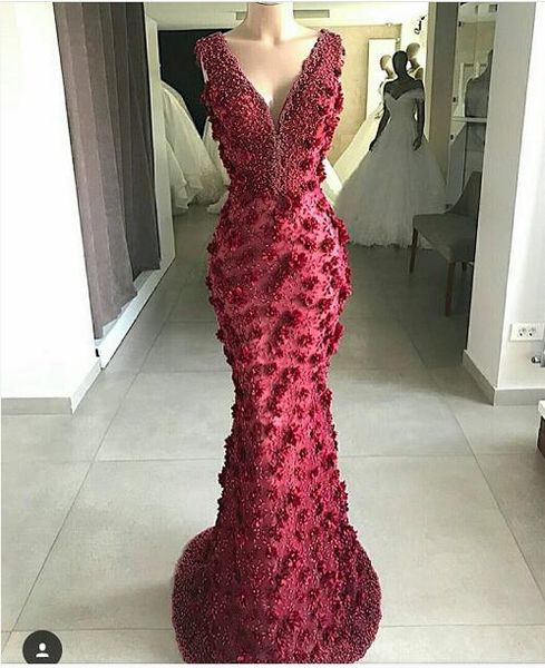 

evening dress long dress red trumpet sleeveless v_neck tulle applique beaded flower cocktail party dresses evening dresses