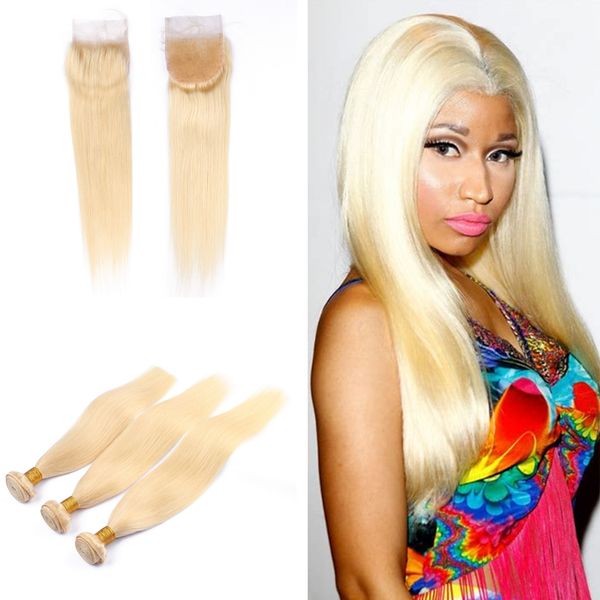 Blench Blonde Color 613 Hair Weaves With Lace Closure 4x4 Silky