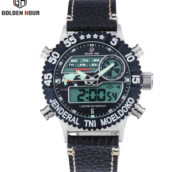 

goldenhour sport waterproof digital watch men crocodile pattern leather strap dual time calendar led wristwatch top, Slivery;brown