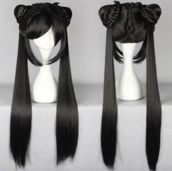 Parrucca da donna Lolita nera lunga 80 cm con due code di cavallo Parrucca cosplay anime