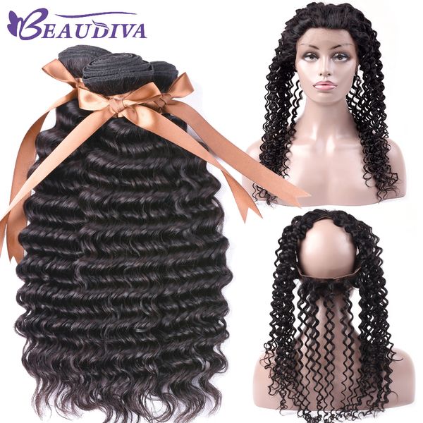 

beaudiva 360 человеческих волос кружева фронтальная с пучками малайзии глубокая волна 3 пучки с 360 фронтального фронта шнурка волос, Black;brown