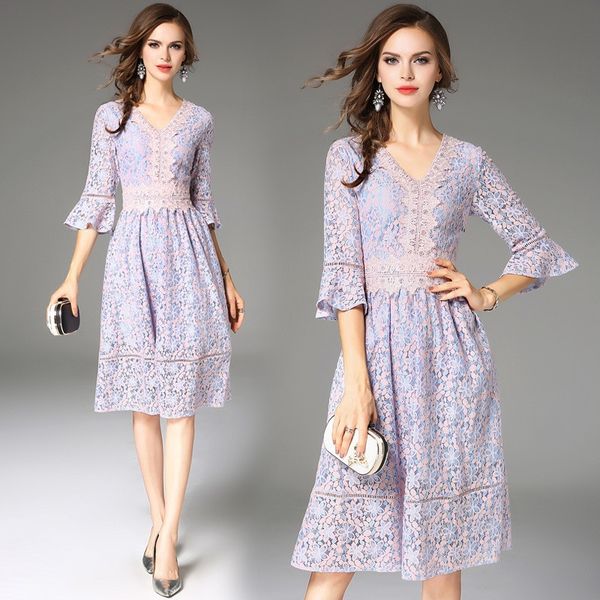 

women dress women lace dress elegant v-neck causal dress for women fashion european style summer lady dresses, Black;gray