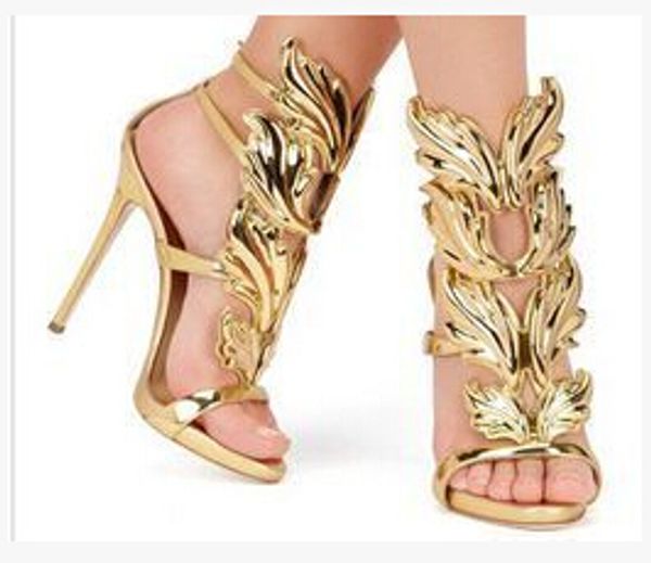 

2018golden metal wings leaf strappy dress sandal silver gold red gladiator high heels shoes women metallic winged sandals, Black