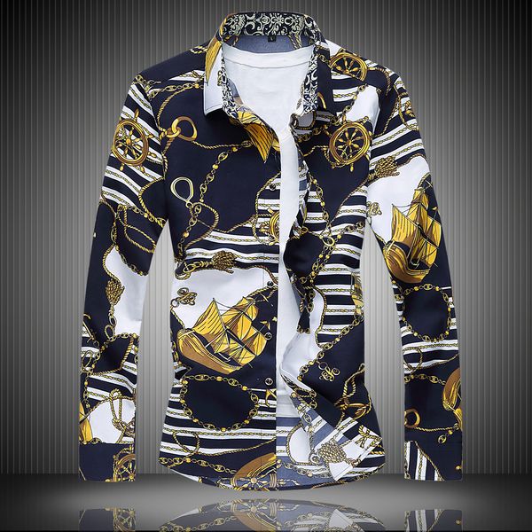 

men's flower shirt 2018 autumn fashion print long sleeve shirts men luxury mens casual shirt work office shirts 7xl, White;black