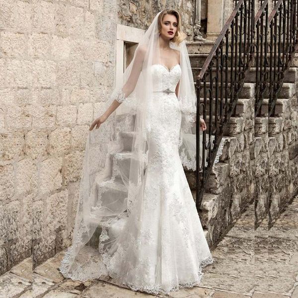 

vintage mermaid lace wedding dresses sweetheart crystal sash lace up back bridal gown chapel train long wedding gowns, White