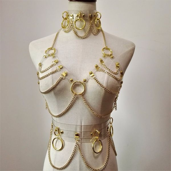 

new fashion harajuku handmade choker harness punk collar belt necklace spikes and chain torques club party two layers, Golden;silver