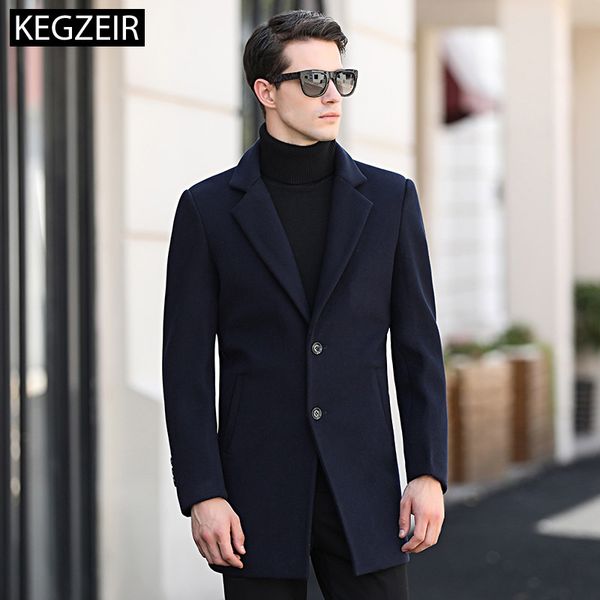 

kegzeir 2018 brand winter mens woolen jacket casual fashion long trench coat men slim thick warm men peacoat manteau laine homme, Black