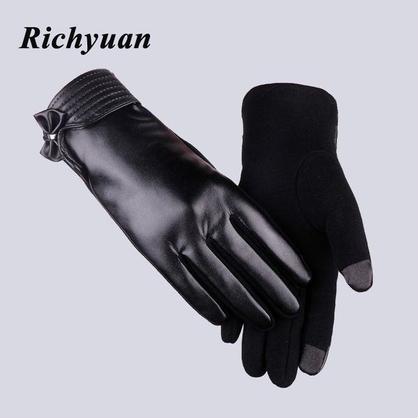 

richyuan fashion leather lace bow women winter gloves female ladies girls touch screen mittens sheep wool glove mitten guantes, Blue;gray