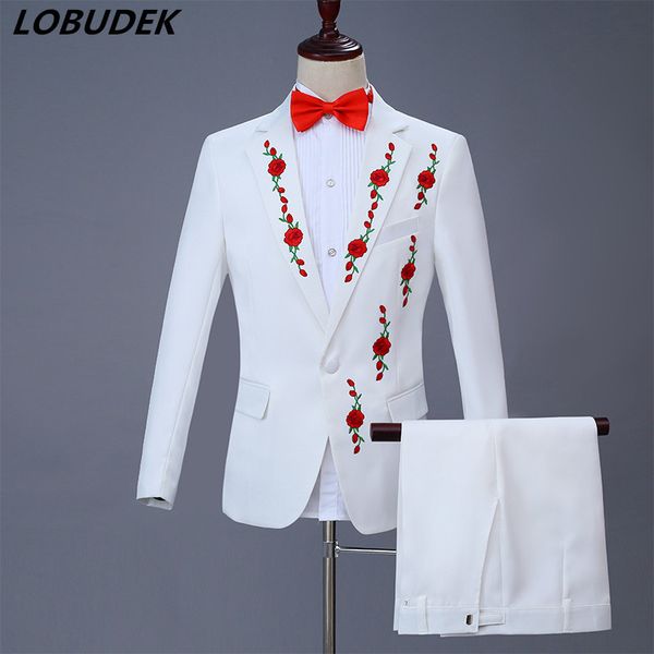 

costume white choral dress flowers embroidery men's suits prom festival host singer chorus costumes wedding studio clothes, White;black