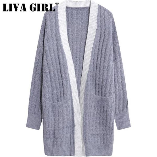 

liva girl 2018 new autumn winter v-collar long sleeve hit color large size knitting sweater women cardigans fashion tide, White;black
