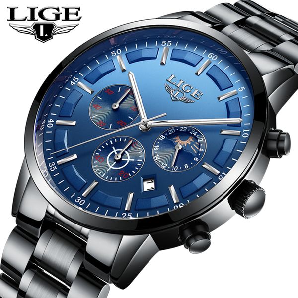 

brand lige watch men fashion sports quartz clock mens watches luxury full steel waterproof business watch relogio masculino, Slivery;brown