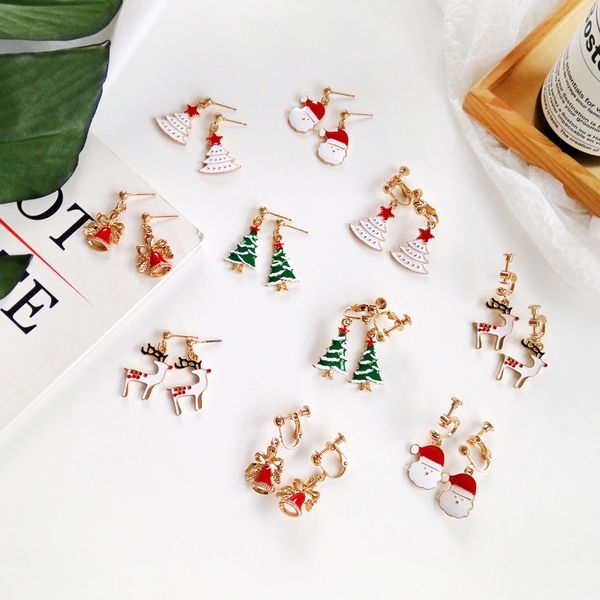 

new year christmas gifts fashion reindeer christmas tree santa claus christmas bell face earrings earless ear clips jewelry, Golden