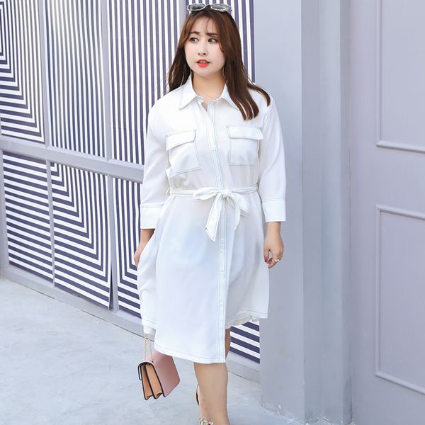 

minsunda plus size casual belted shirt dress female turn-down collar long sleeve pocket front shift dresswomen autumn midi dress, White;black