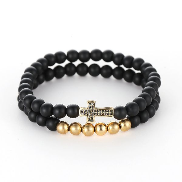 

2pc/set 6mm frosted stone zircon cross bracelet copper beads natural stone yoga bangles for gift, Black